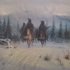 May include: Three Native American figures on horseback ride through a snowy forest. The figures are wearing traditional clothing and headdresses. The forest is covered in snow and the sky is a muted gray.