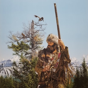May include: A painting of a man in a fur-trimmed coat and hat, holding a rifle and a wolf pelt. He is standing in a snowy forest with mountains in the background.