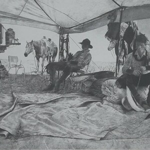 Vista Caliente, Vintage Signed Print by Woodrow M Blagg, Waggoner Ranch Texas Cowboys Horses Detailed Pencil Drawing Realism