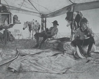Detailed Pencil Drawing by Woodrow M Blagg "Vista Caliente", a vintage lithograph hand signed by the artist, Waggoner Ranch, Texas, Cowboys