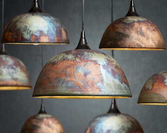 Large Custom Raku Ceramic Pendant Lights: Copper Blue Green Pottery Lamps