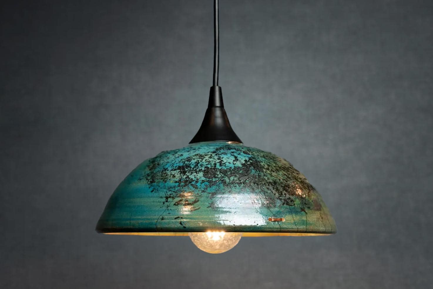 Turquoise Raku Pottery Pendant Light: Wabi Sabi Copper Repair, 10