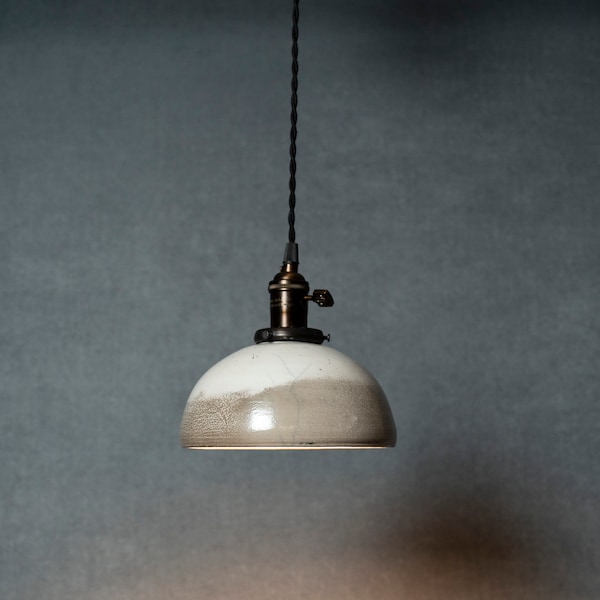 Round Raku fired hanging pendant light in white. Ready to ship