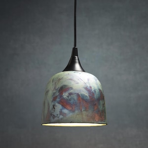 Handmade Raku Ceramic Pendant Light: 6" Swirling Blue Copper Matte Artisan Shade