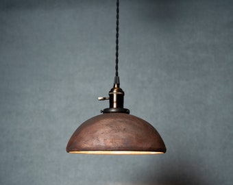 Round Raku fired hanging pendant light in copper