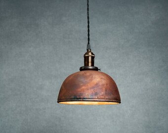 Round Raku fired hanging pendant light in copper