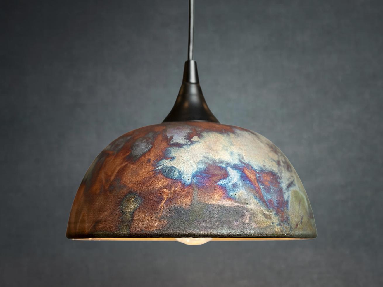 Pendant Light, Copper Green Blue, Raku Ceramic Hanging Lamp, Colorful Statement Shade, Handmade Pottery Lighting, 9.25", Ready to Ship