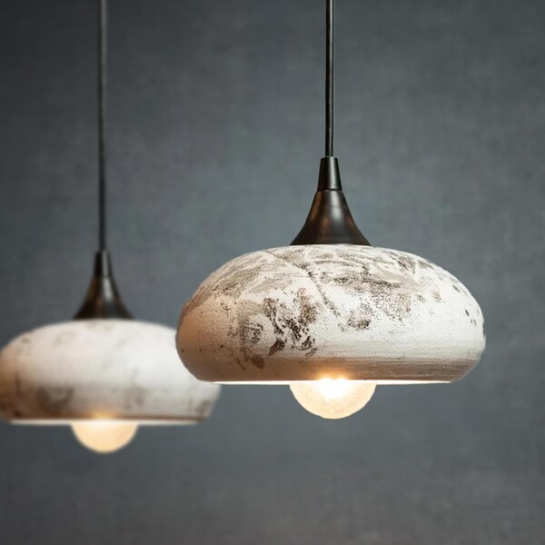 Ceramic Pendant Lights, Funky White Raku with Ash Marks, 8" Set of Two, Rounded Form, Japanese Style Pottery Lighting, Ready to Ship