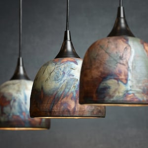Custom Pendant Lights: Raku Ceramic Copper Blue Green Kitchen Lighting, 6" Pottery Lamps image 1
