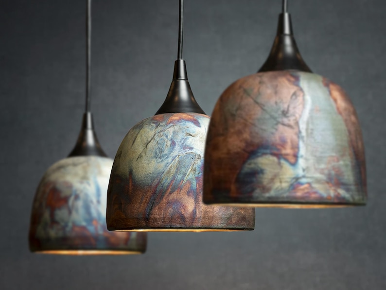 Custom Pendant Lights: Raku Ceramic Copper Blue Green Kitchen Lighting, 6" Pottery Lamps image 1