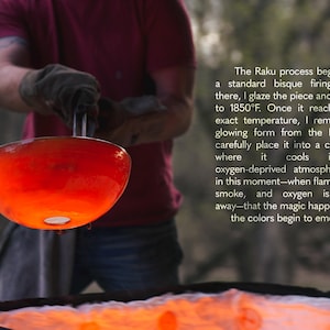 May include: A glowing orange ceramic bowl held by metal tongs during a Raku firing process. Text on the right explains the Raku process, mentioning a bisque firing, glazing, and refiring to 1010&deg;C before cooling in an oxygen-deprived atmosphere.