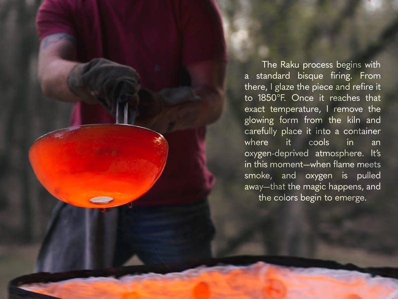 May include: A glowing orange ceramic bowl held by metal tongs during a Raku firing process. Text on the right explains the Raku process, mentioning a bisque firing, glazing, and refiring to 1010&deg;C before cooling in an oxygen-deprived atmosphere.