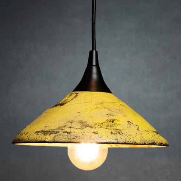 Yellow Raku Crackle Glaze Ceramic Pendant Lamp - Japanese Lighting, 9"