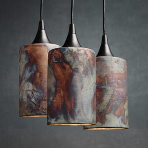 Custom Raku Pendant Lights, Ceramic Copper Blue Green Modern Lighting, Cylinder Pottery Lamps