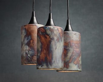 Custom Raku Pendant Lights, Ceramic Copper Blue Green Modern Lighting, Cylinder Pottery Lamps