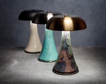 Cordless Raku Ceramic Table Lamp, Rechargeable USB-C Accent Light, Handmade Wireless Lamp, Dimmable Artisan Lighting, Brass, Nickel or Black