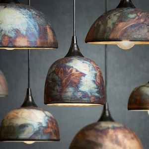 Custom Pendant Light, Raku Copper Blue Green, Ceramic Lights, Kitchen Lighting, Pottery Lamps, 6" 8" or 10", 1 Lamp or a Set of 2 3 or 4