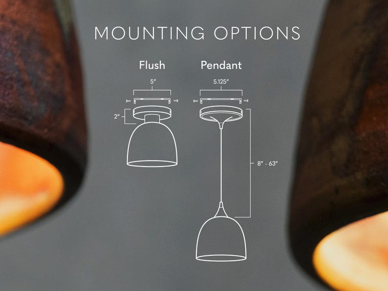 May include: A diagram showing MOUNTING OPTIONS for a light fixture, featuring Flush and Pendant styles. The Flush mount has a 5-inch diameter and 2-inch height. The Pendant mount has a 5.125-inch diameter and an adjustable length of 8 to 63 inches.
