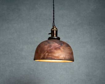 Round Raku fired hanging pendant light in copper