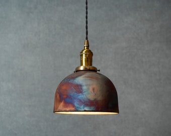 Raku fired Hanging pendant Lamp, Peacock Matte glaze, Made to order- home lighting decor.