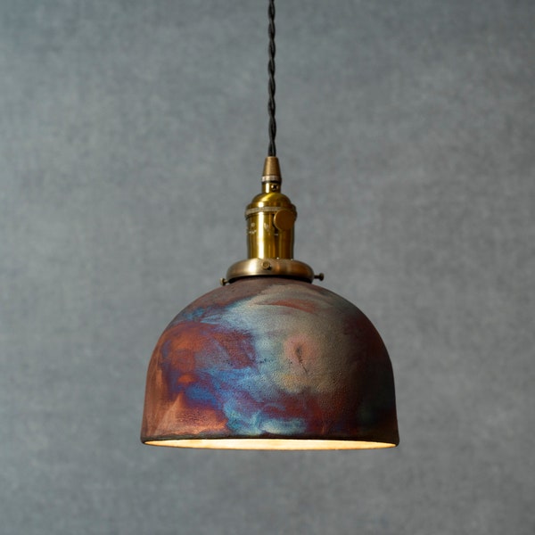 Raku fired Hanging pendant Lamp, Peacock Matte glaze, Made to order- home lighting decor.