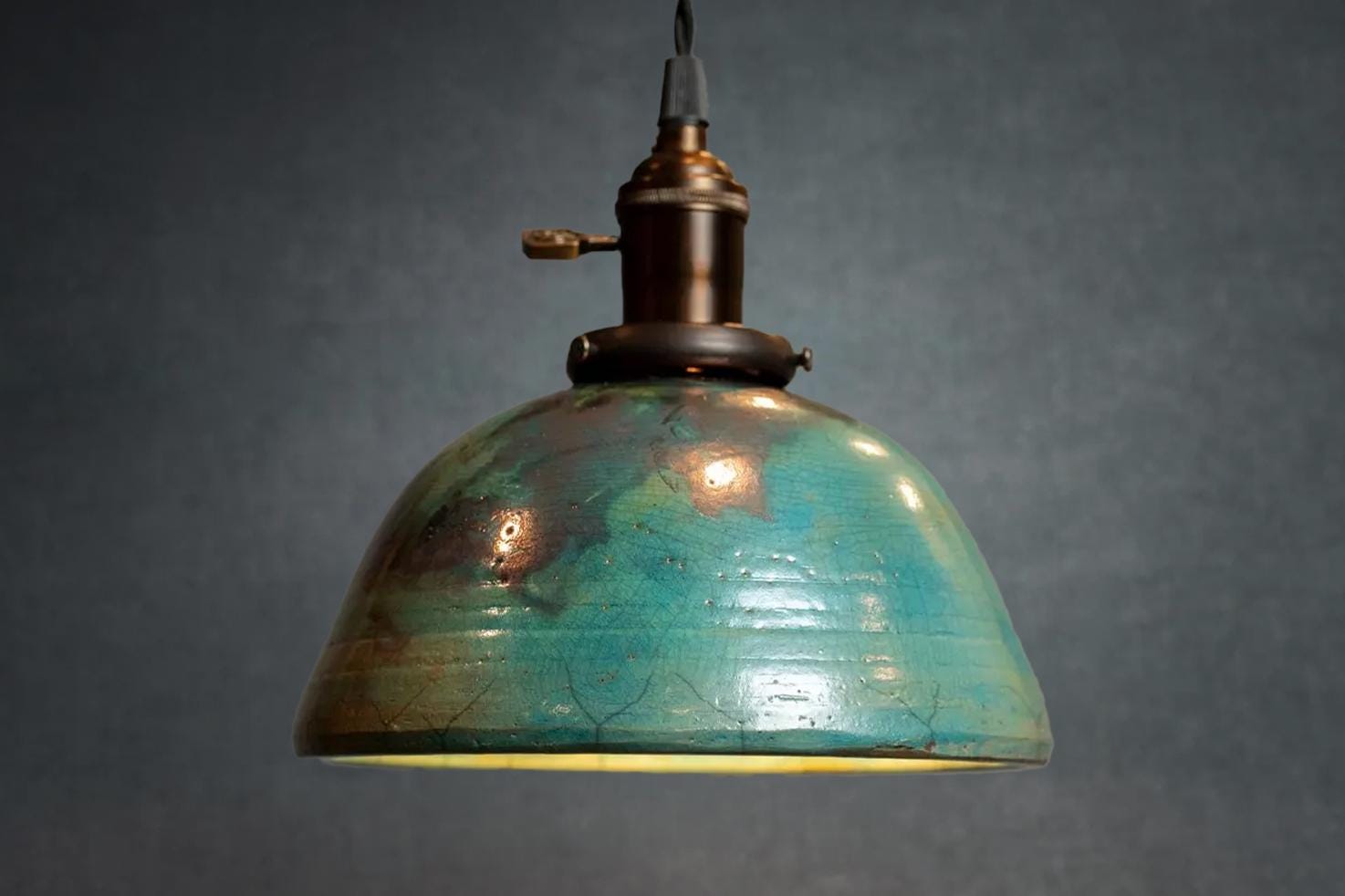Ceramic Pendant Light, Turquoise Raku With Crackle Finish, 8