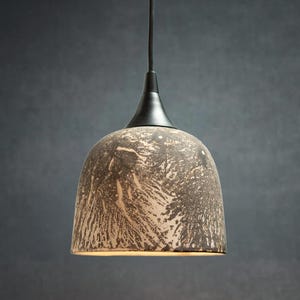 May include: A dome-shaped pendant light fixture featuring a textured, mottled gray and beige ceramic shade with a dark, smooth metal cap and a black cord. The shade displays a distinct, organic pattern of dark streaks against a lighter base.