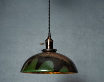 Green, black and copper Raku fired Hanging pendant Lamp