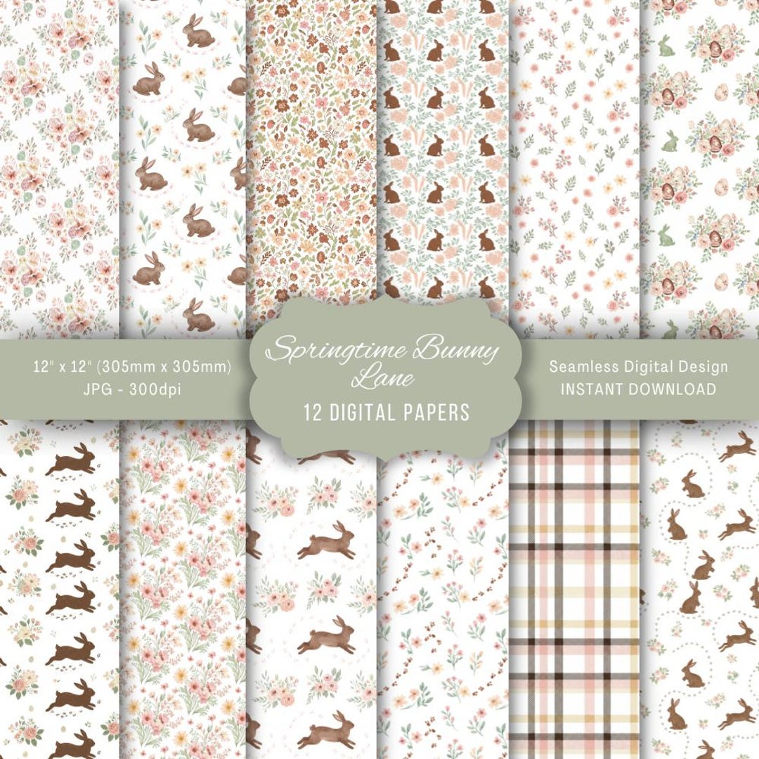 Bunny Floral Scrapbook Paper | Springtime Bunny Lane Patterns | Cottage ...