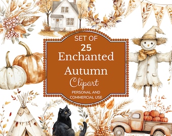 Enchanted Autumn Clipart Bundle: 25 Watercolor Fall Designs (PNG)