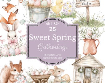 May include: Set of 25 watercolor illustrations featuring sweet spring gatherings. The illustrations include a bunny, a squirrel, a mouse, a bird, a house, a wagon, a pitcher, and a bucket. The illustrations are perfect for creating cards, invitations, and other crafts.