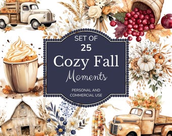 May include: A set of 25 watercolor illustrations featuring cozy fall moments. The illustrations include a vintage truck with pumpkins, a warm cup of coffee with whipped cream, a rustic barn, a cornucopia overflowing with fall foliage, and a bouquet of fall flowers. The text "Set of 25 Cozy Fall Moments Personal and Commercial Use" is displayed on a blue banner.