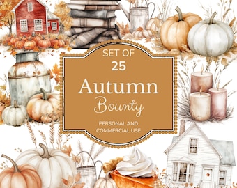 Watercolor Autumn Clipart: Pumpkin, Barn, Blanket Illustrations (Digital Download)
