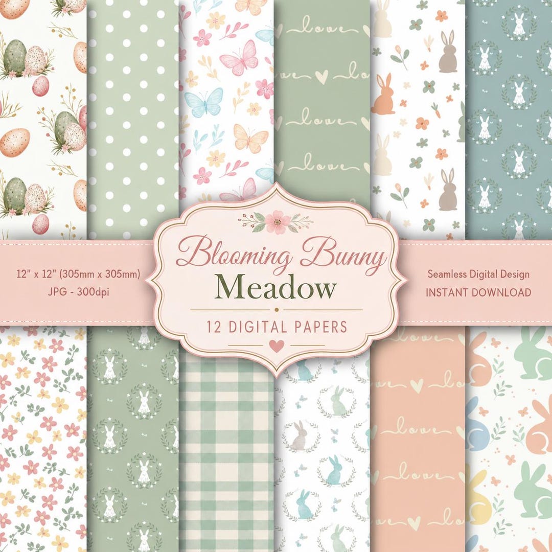 Pastel Bunny Scrapbook Paper | Butterfly Spring Meadow Patterns ...