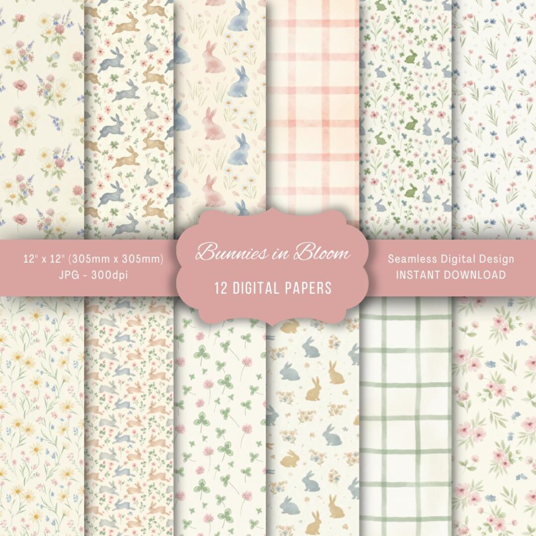 Floral Bunny Scrapbook Paper | Pastel Spring Garden Patterns | Cottage ...