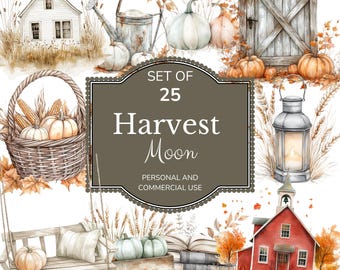 May include: A set of 25 watercolour illustrations featuring autumn harvest themes. The illustrations include pumpkins, gourds, corn, a schoolhouse, a lantern, a swing set, a farmhouse, a barn door, and a basket of autumn produce. The text "Set of 25 Harvest Moon Personal and Commercial Use" is displayed on a brown banner.