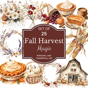 Clipart autunnali / Illustrazioni autunnali / Zucche acquerellate / Cornucopia / Clipart del raccolto / Clipart del Ringraziamento / Grafica di torta di zucca