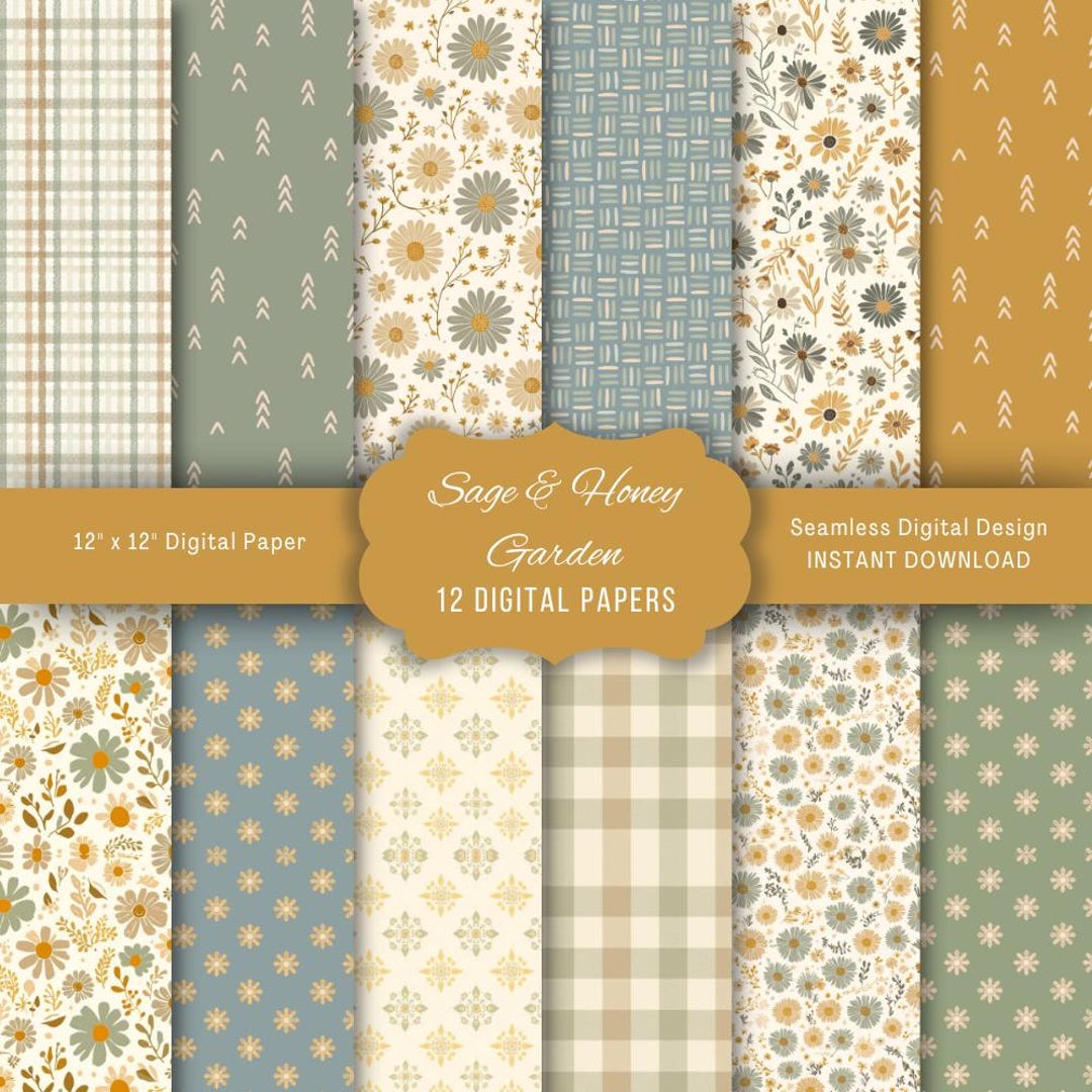 Sage Honey Scrapbook Paper | Floral Garden Spring Patterns | Cottage ...