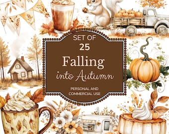 Autumn Clipart Set: Squirrel, Pumpkin, Cabin (Digital Download)