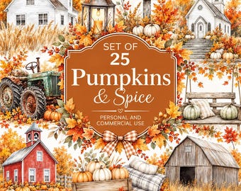 Puede incluir: Un conjunto gráfico digital con escenas otoñales que incluyen casas blancas, una iglesia, un granero rojo, un granero de madera, un tractor verde y un farol. El texto central dice SET OF 25 Pumpkins & Spice rodeado de hojas de otoño.
