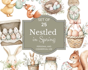 May include: A set of 25 watercolor illustrations featuring cute animals and spring-themed elements, including eggs, bunnies, a fox, a squirrel, a hedgehog, a mouse, and a chick. The illustrations are perfect for adding a touch of whimsy to your spring projects.