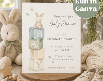 Editable Bunny Baby Shower Invitation | Baby Blocks Theme, Neutral Pastel (Digital Download)