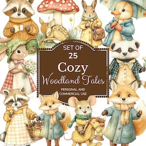Imágenes prediseñadas de animales del bosque acogedores / 25 lindas criaturas del bosque / Ilustraciones PNG para álbumes de recortes, invitaciones, manualidades de bricolaje