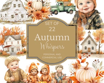 May include: A set of 22 watercolour illustrations featuring autumn themes. The illustrations include a farmhouse, a schoolhouse, a truck with pumpkins, a pumpkin, a jack-o-lantern, and children in autumn clothing. The text "Set of 22 Autumn Whispers Personal and Commercial Use" is displayed on a brown label.