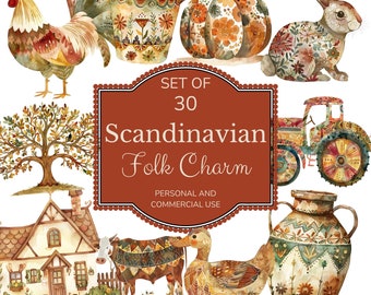 Clipart art folklorique scandinave : ensemble PNG d'animaux nordiques (30 images)