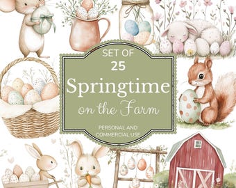 May include: A set of 25 watercolor illustrations featuring springtime on the farm. The illustrations include a mouse, a bunny, a squirrel, a barn, a basket of eggs, and a jar of eggs. The text "Set of 25 Springtime on the Farm" is displayed in a green banner. The text "Personal and Commercial Use" is displayed in a smaller banner below the main banner.