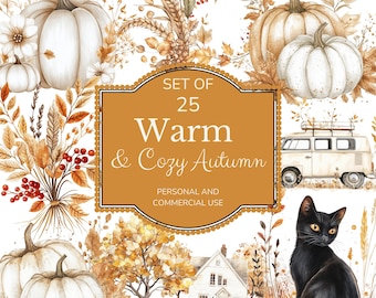 Pacchetto di clipart autunnali accoglienti: 25 immagini PNG (download digitale)