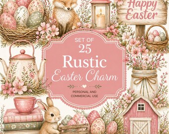Rustic Easter Clipart | 25 Farmhouse Easter PNGs | Pastel Spring Graphics for Crafts & Scrapbooking