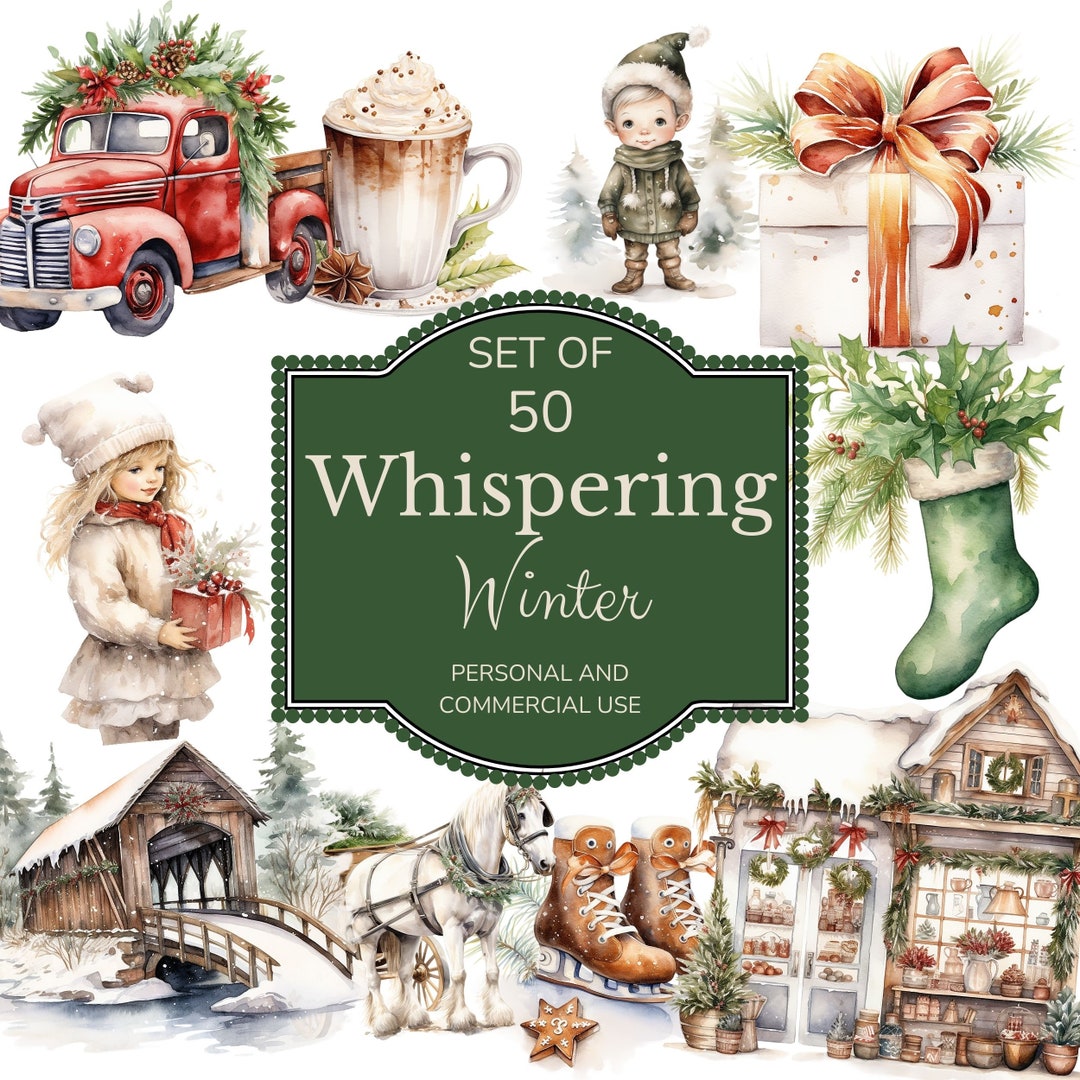 Watercolor Christmas Clipart: Winter Scenes, Reindeer, Santa (PNG ...