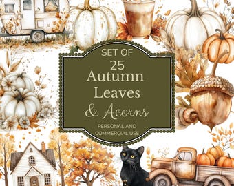 Autumn Leaves & Acorns Clipart Bundle: 25 PNG Images (Digital Download)